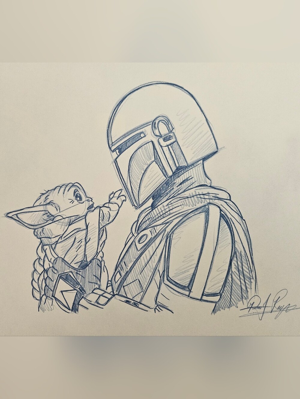 Disney Lucas Film STAR WARS Mandalorian Grogu Drawing/Sketch Art Signed